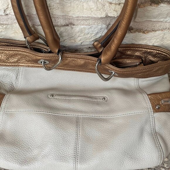 B Makowsky White and Bronze Large Leather Tote/Duffel Handbag Lined NWOT - Picture 6 of 12